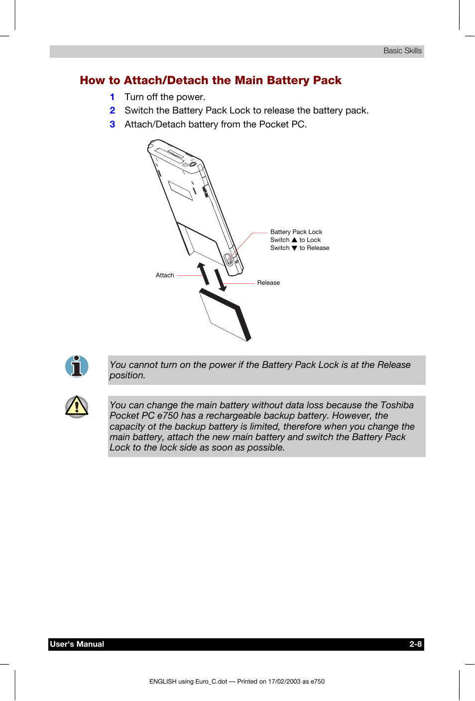 How to attach/detach the main battery pack | Toshiba Pocket PC e750 User Manual | Page 28 / 177