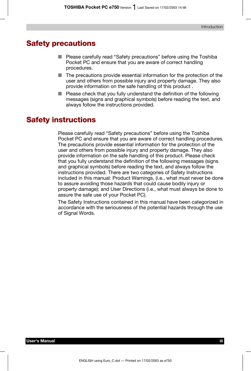 Safety precautions, Safety instructions | Toshiba Pocket PC e750 User Manual | Page 3 / 177