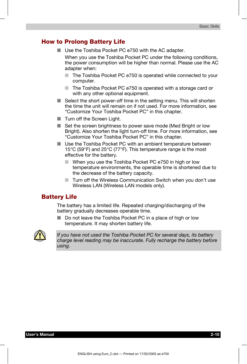 How to prolong battery life, Battery life | Toshiba Pocket PC e750 User Manual | Page 30 / 177