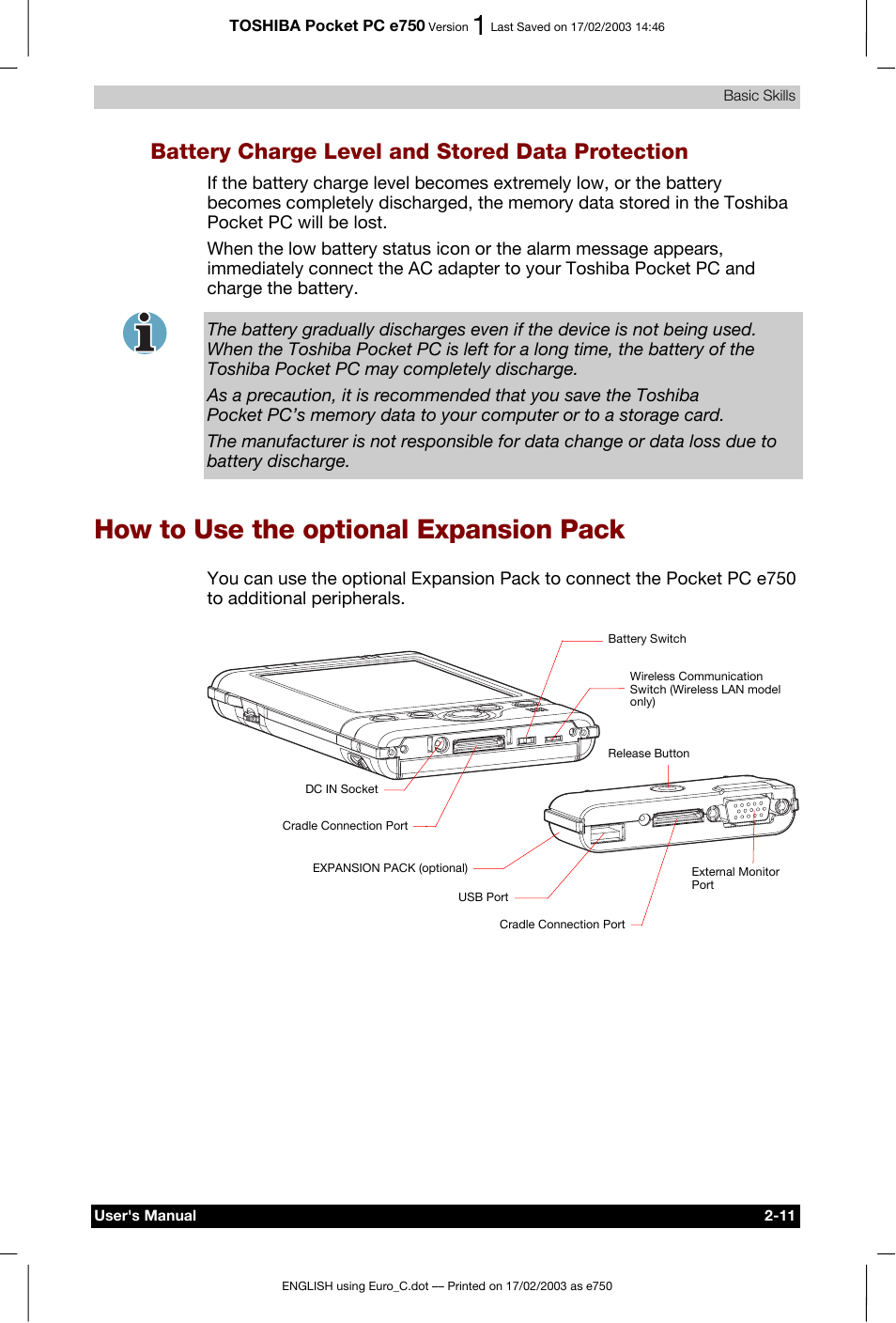 Battery charge level and stored data protection, How to use the optional expansion pack | Toshiba Pocket PC e750 User Manual | Page 31 / 177