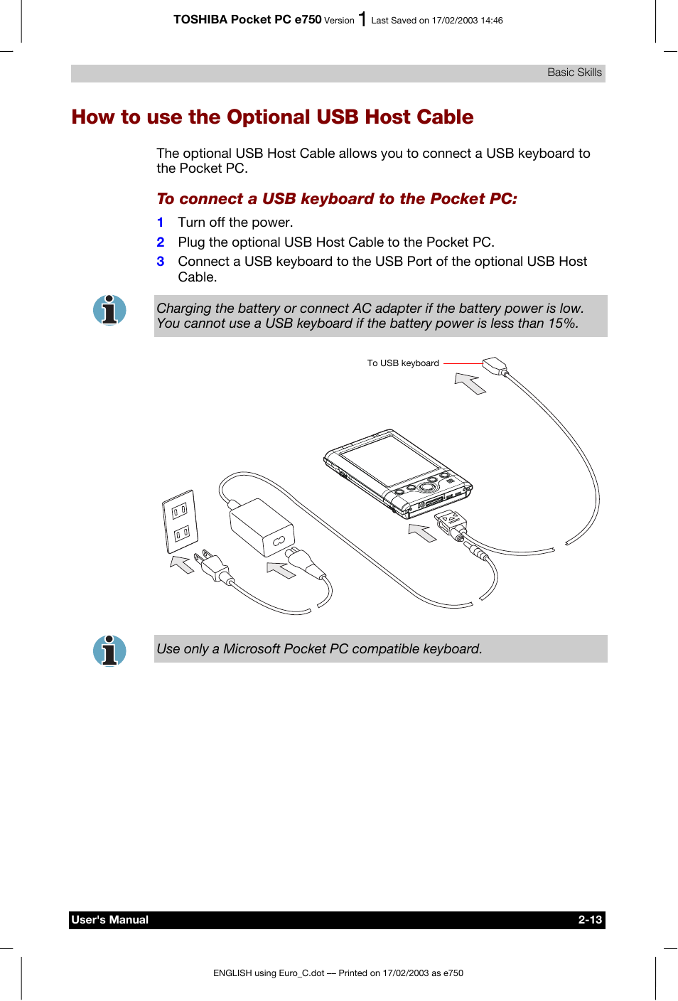 How to use the optional usb host cable | Toshiba Pocket PC e750 User Manual | Page 33 / 177