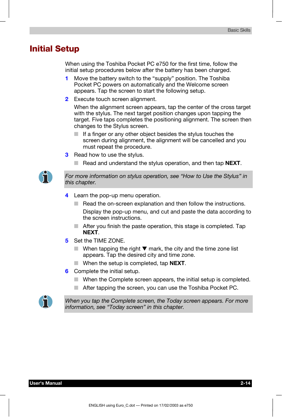 Initial setup | Toshiba Pocket PC e750 User Manual | Page 34 / 177