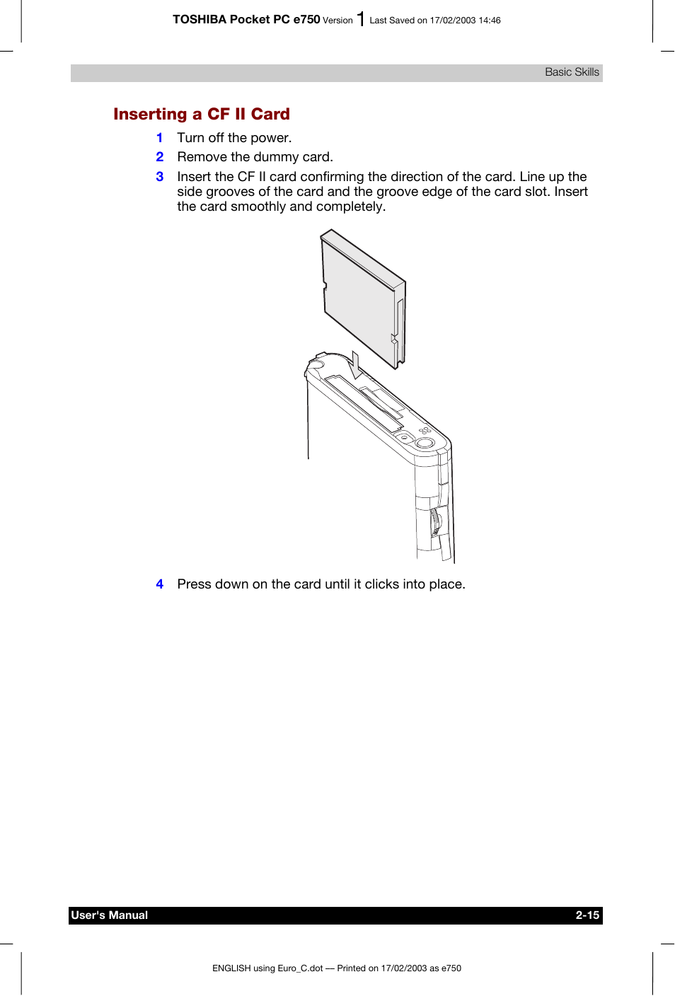 Inserting a cf ii card | Toshiba Pocket PC e750 User Manual | Page 35 / 177