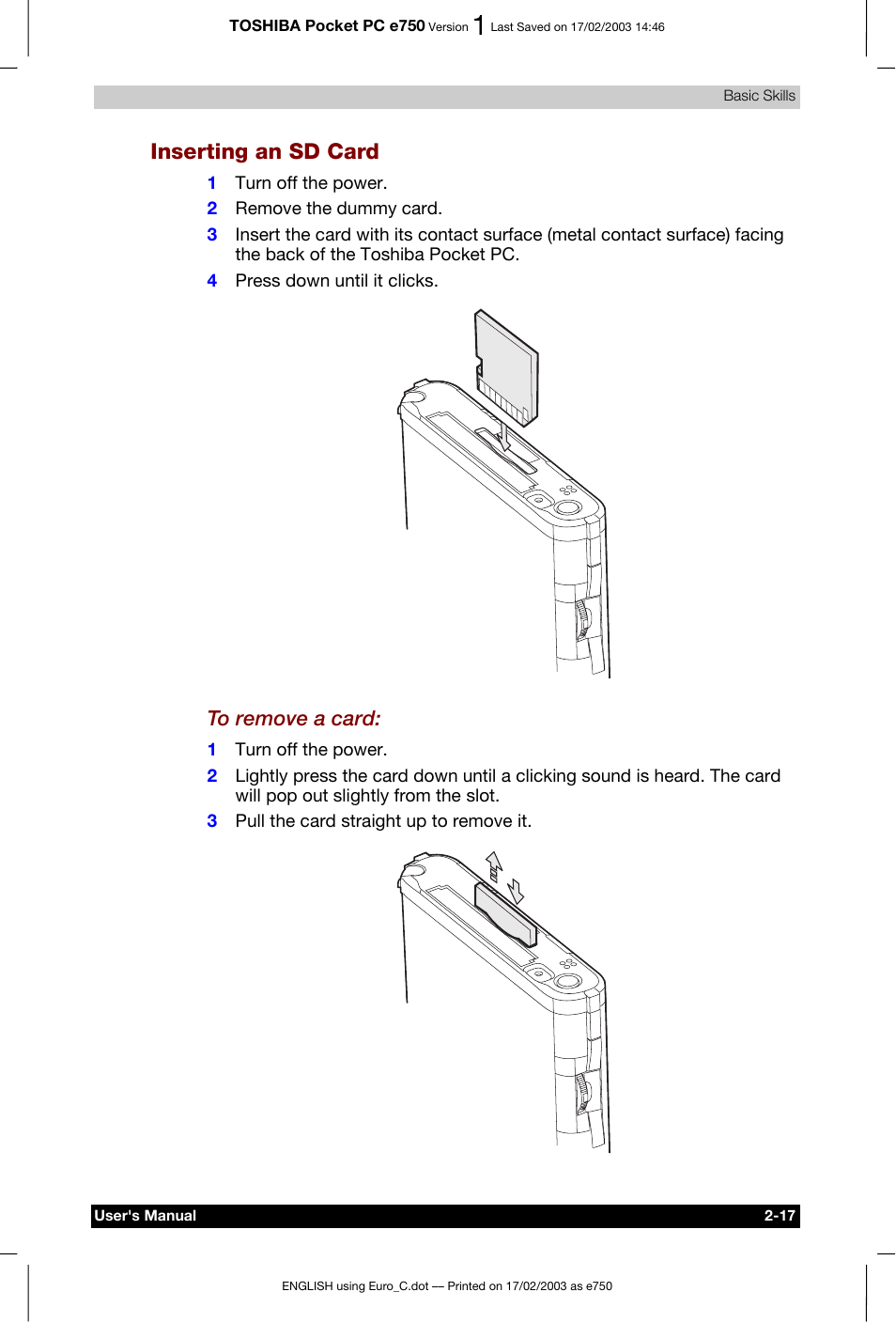 Inserting an sd card | Toshiba Pocket PC e750 User Manual | Page 37 / 177