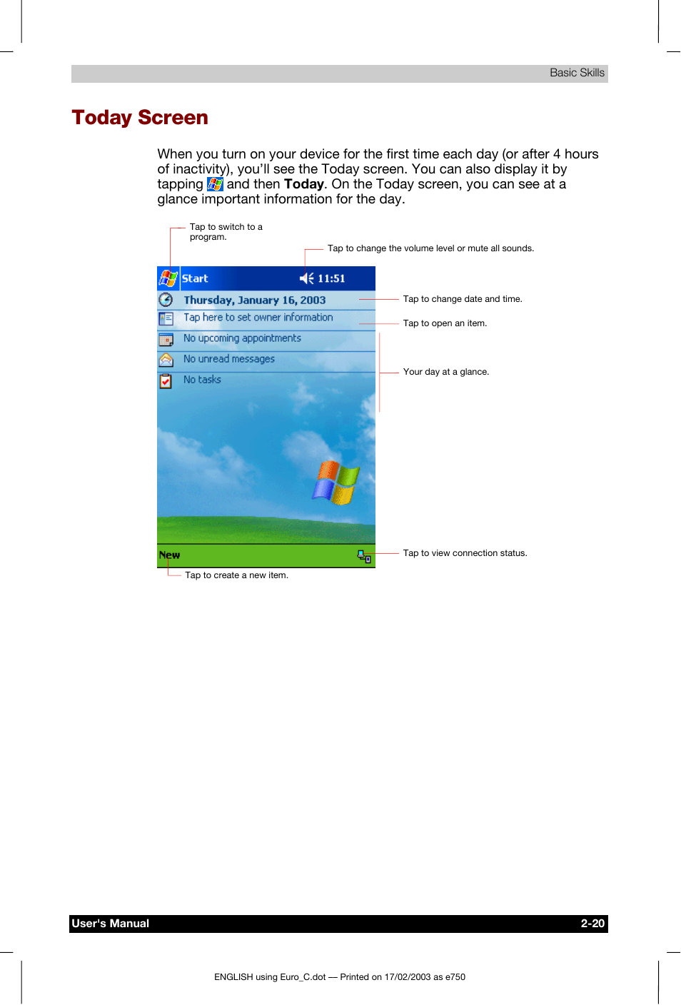 Today screen | Toshiba Pocket PC e750 User Manual | Page 40 / 177