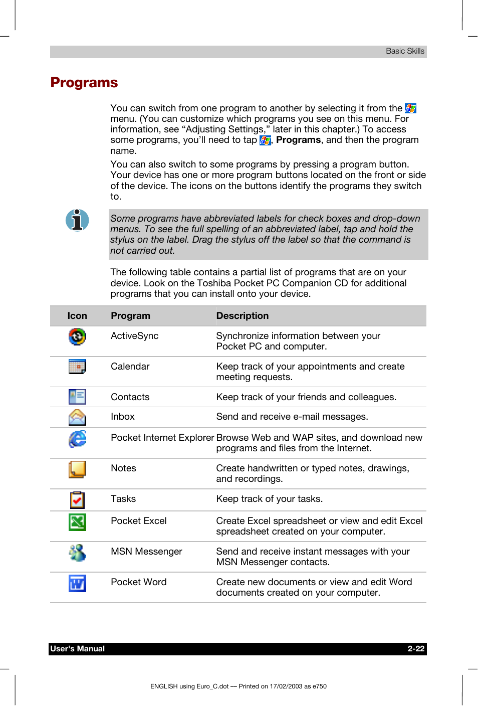 Programs | Toshiba Pocket PC e750 User Manual | Page 42 / 177