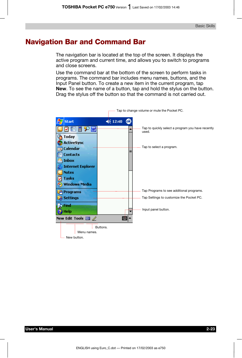 Navigation bar and command bar | Toshiba Pocket PC e750 User Manual | Page 43 / 177