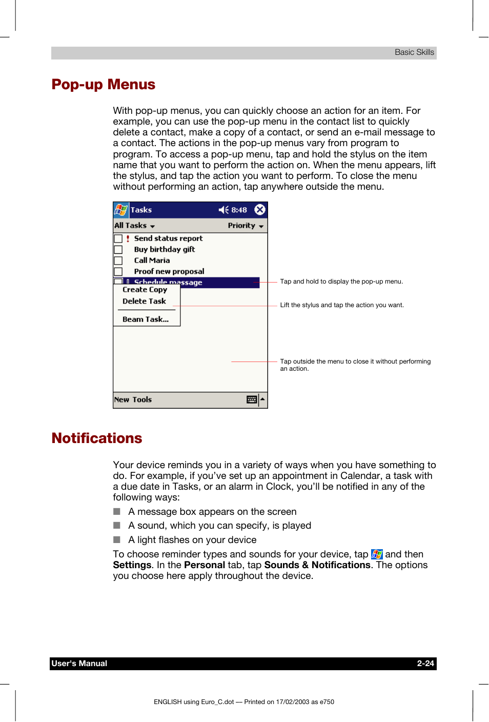 Pop-up menus, Notifications | Toshiba Pocket PC e750 User Manual | Page 44 / 177