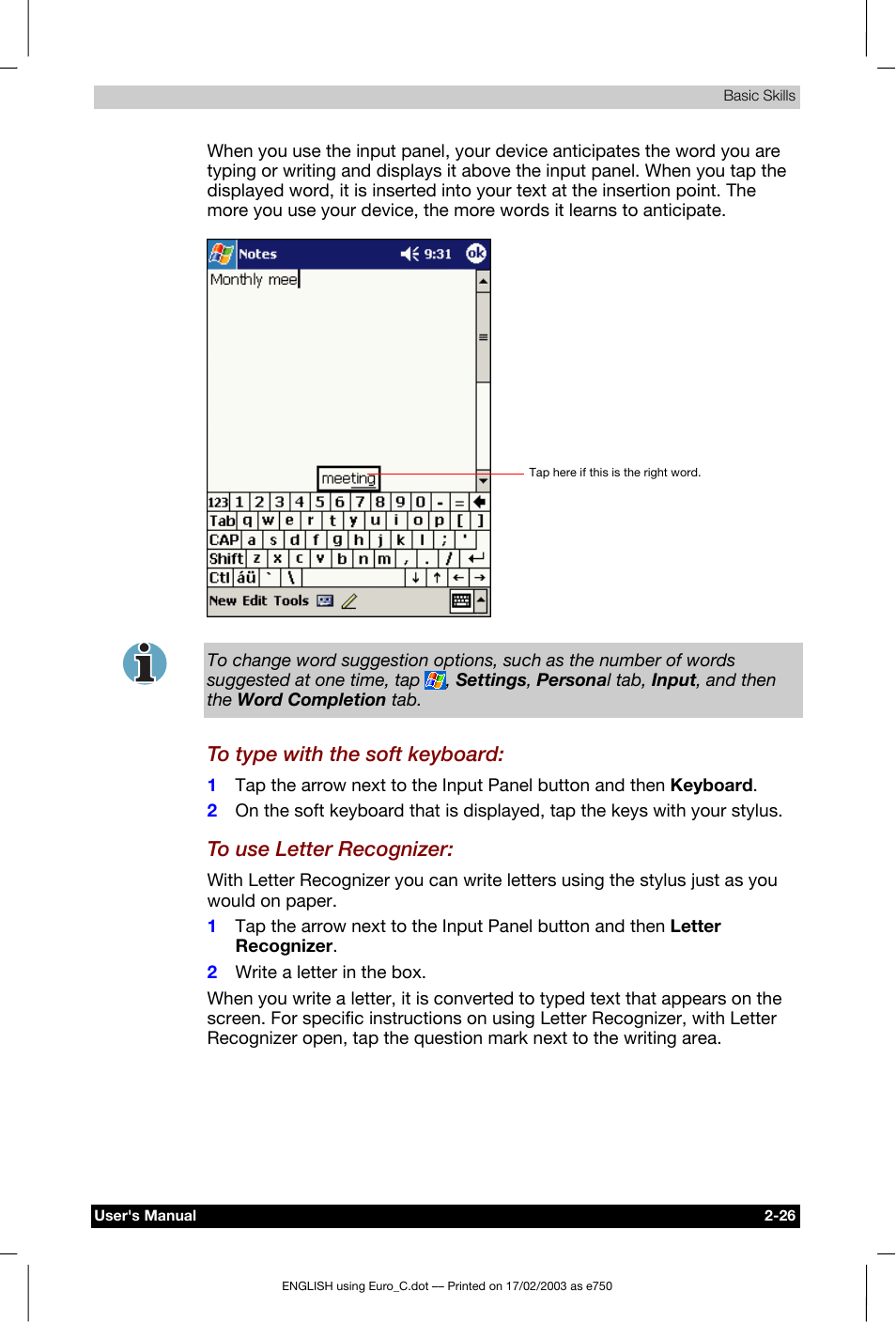 Toshiba Pocket PC e750 User Manual | Page 46 / 177