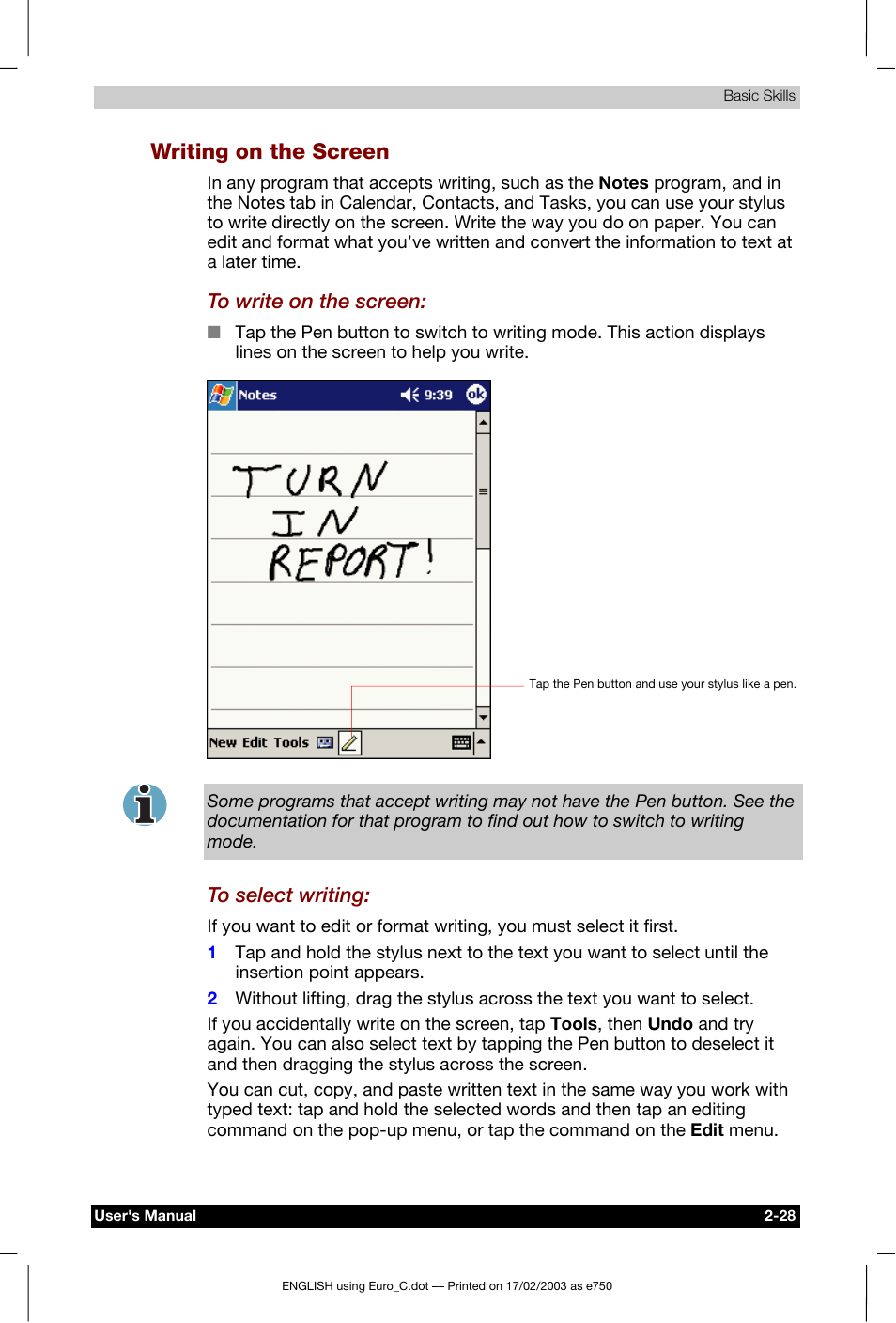 Writing on the screen | Toshiba Pocket PC e750 User Manual | Page 48 / 177