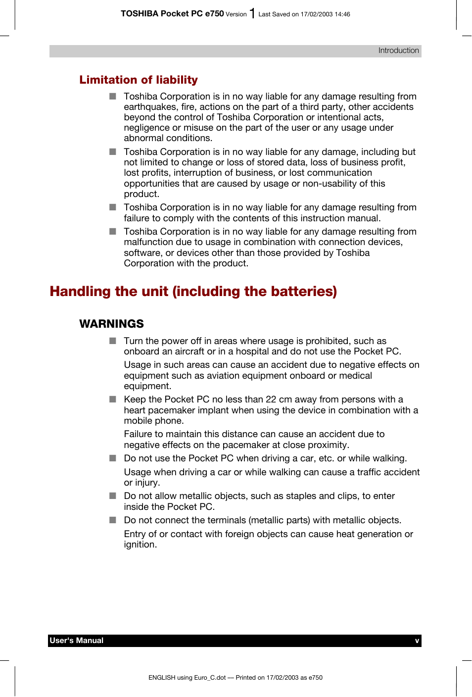 Limitation of liability, Handling the unit (including the batteries), Warnings | Toshiba Pocket PC e750 User Manual | Page 5 / 177