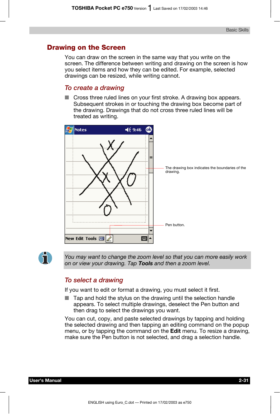 Drawing on the screen | Toshiba Pocket PC e750 User Manual | Page 51 / 177