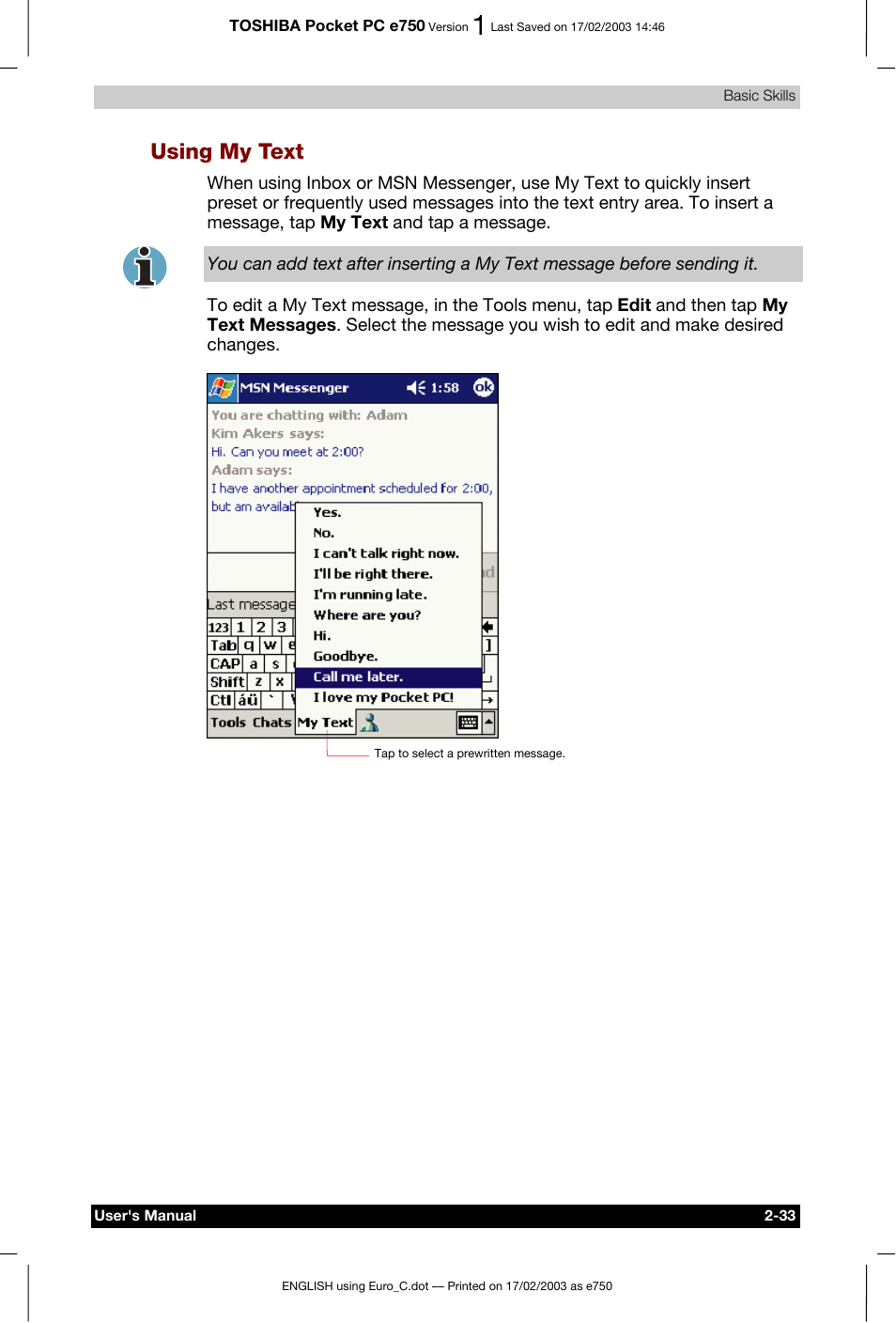 Using my text | Toshiba Pocket PC e750 User Manual | Page 53 / 177