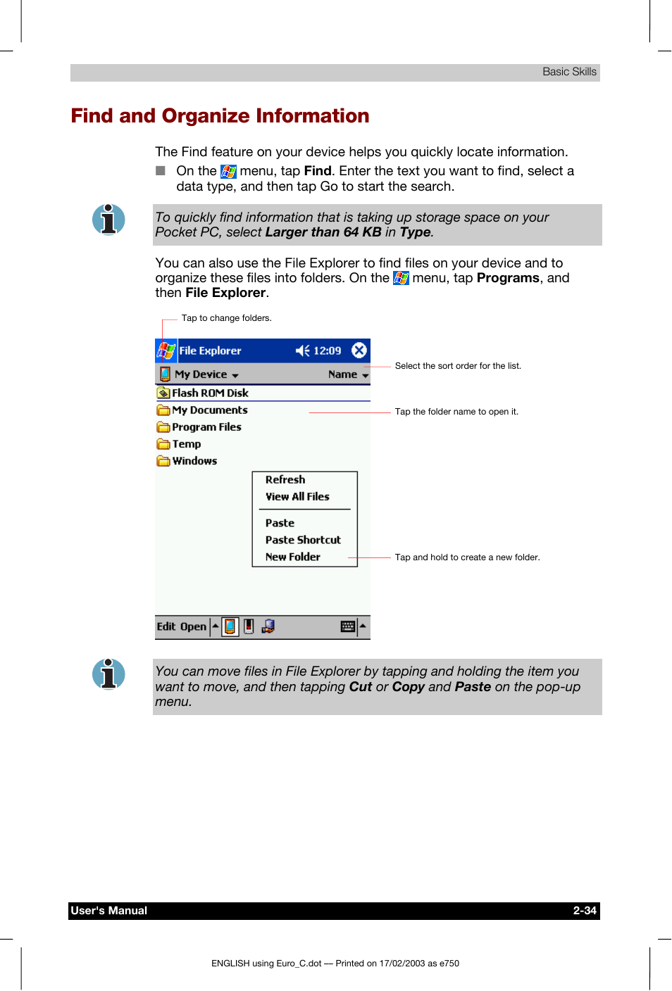 Find and organize information, N -34 | Toshiba Pocket PC e750 User Manual | Page 54 / 177