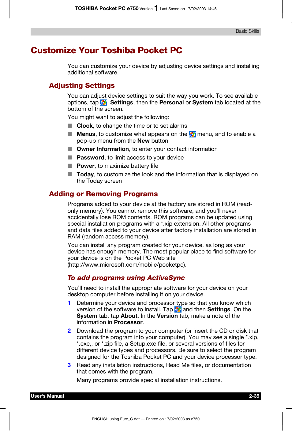 Customize your toshiba pocket pc, Adjusting settings, Adding or removing programs | Toshiba Pocket PC e750 User Manual | Page 55 / 177