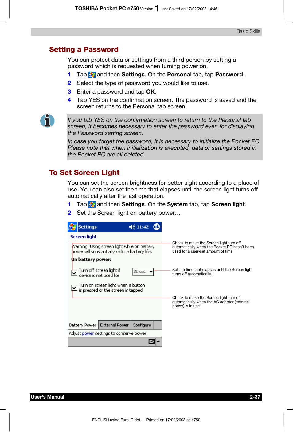 Setting a password, To set screen light | Toshiba Pocket PC e750 User Manual | Page 57 / 177