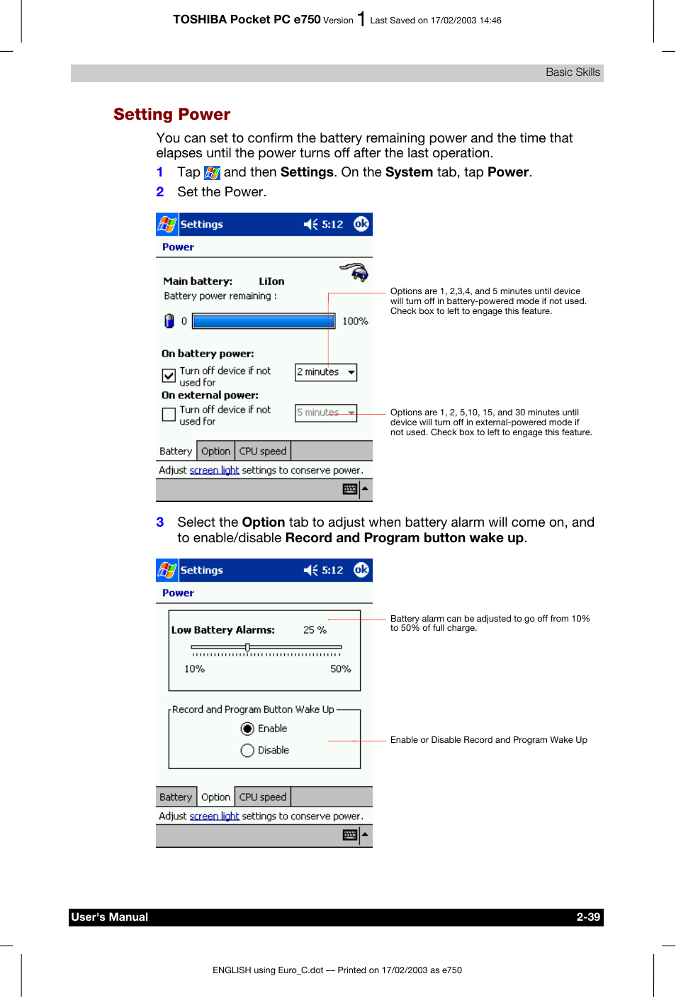 Setting power | Toshiba Pocket PC e750 User Manual | Page 59 / 177