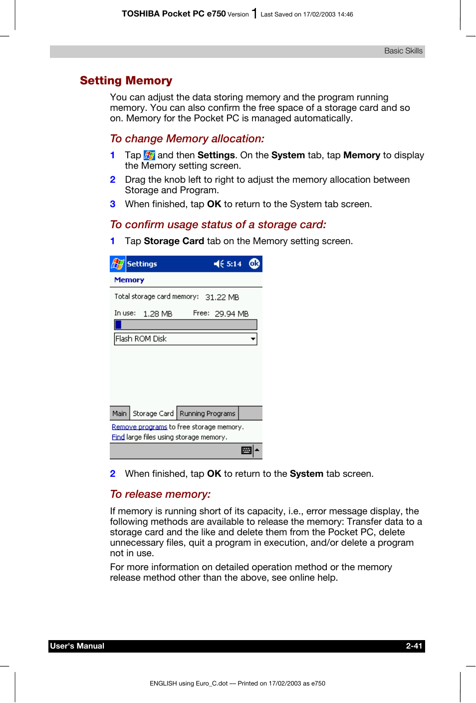 Setting memory | Toshiba Pocket PC e750 User Manual | Page 61 / 177