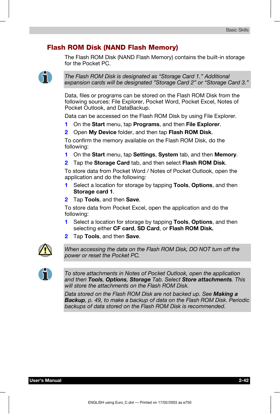 Flash rom disk (nand flash memory) | Toshiba Pocket PC e750 User Manual | Page 62 / 177