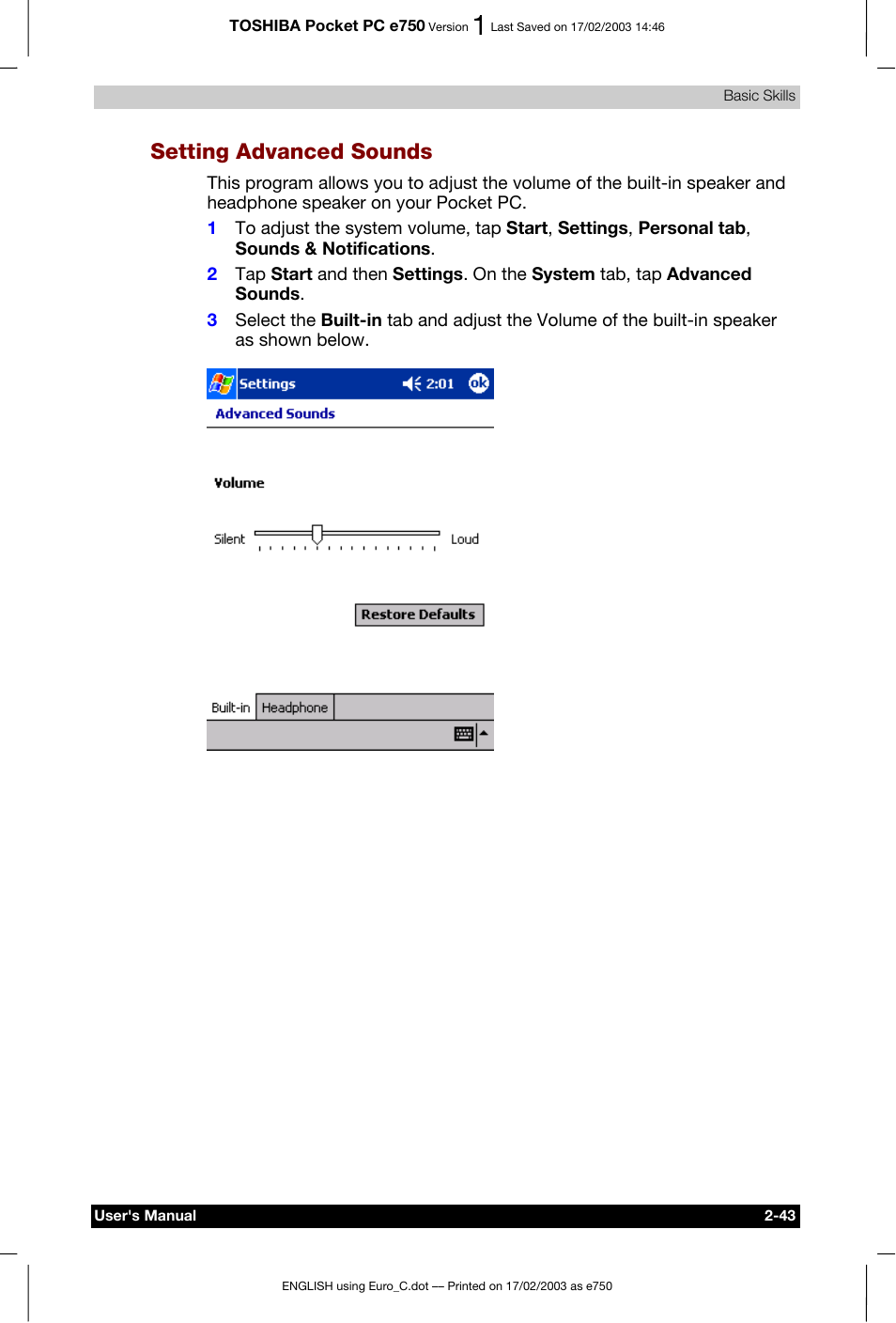 Setting advanced sounds | Toshiba Pocket PC e750 User Manual | Page 63 / 177