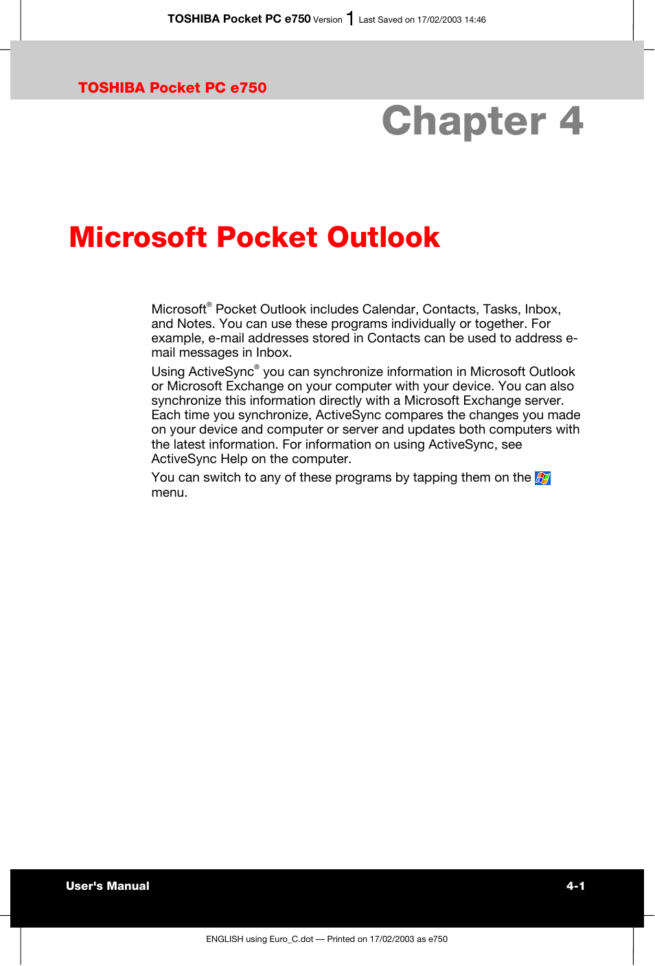 Chapter 4 microsoft pocket outlook, Chapter 4, Microsoft pocket outlook | Toshiba Pocket PC e750 User Manual | Page 67 / 177