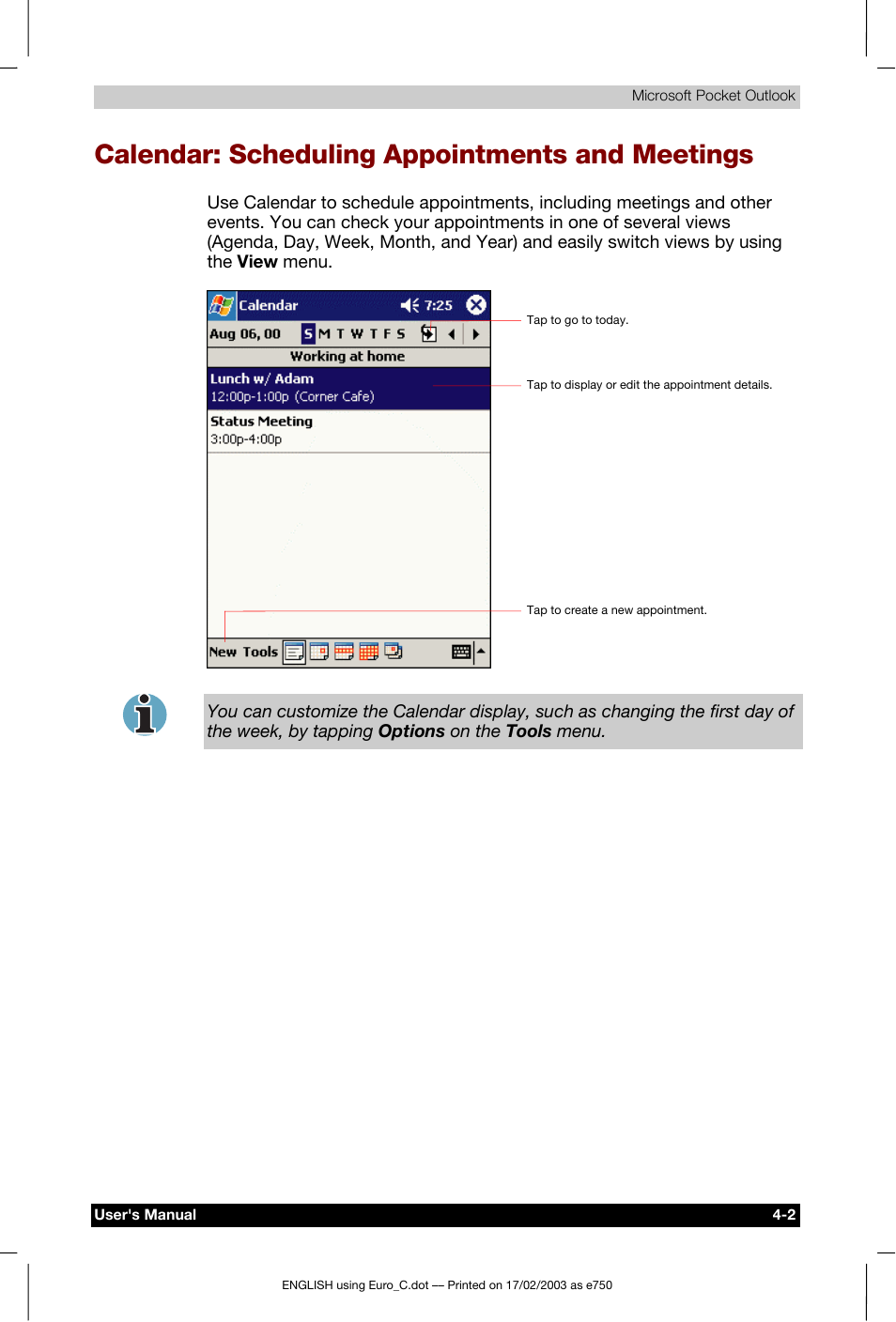 Calendar: scheduling appointments and meetings | Toshiba Pocket PC e750 User Manual | Page 68 / 177