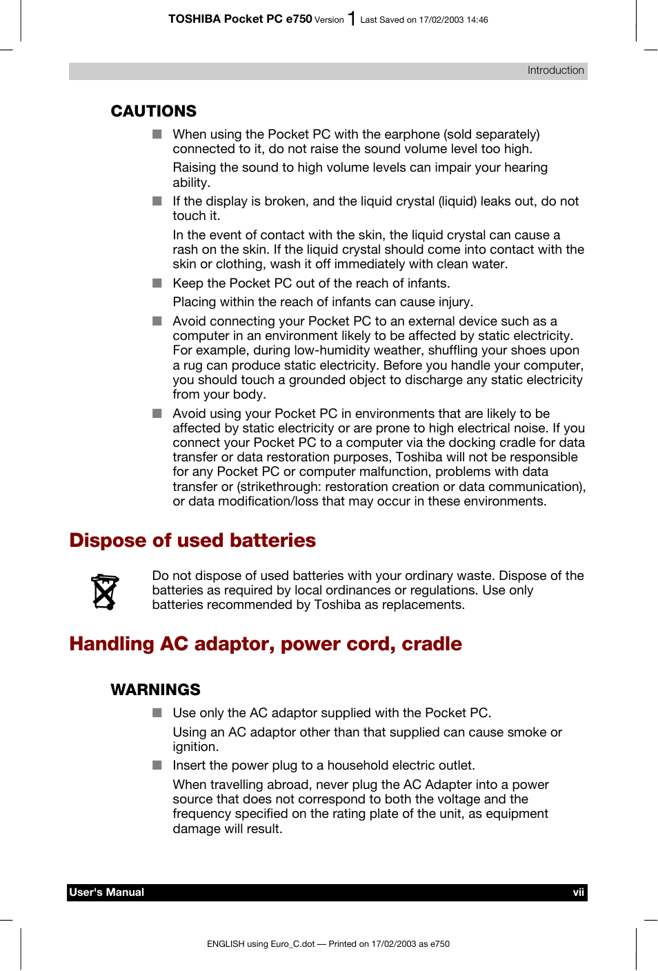 Dispose of used batteries, Handling ac adaptor, power cord, cradle, Cautions | Warnings | Toshiba Pocket PC e750 User Manual | Page 7 / 177