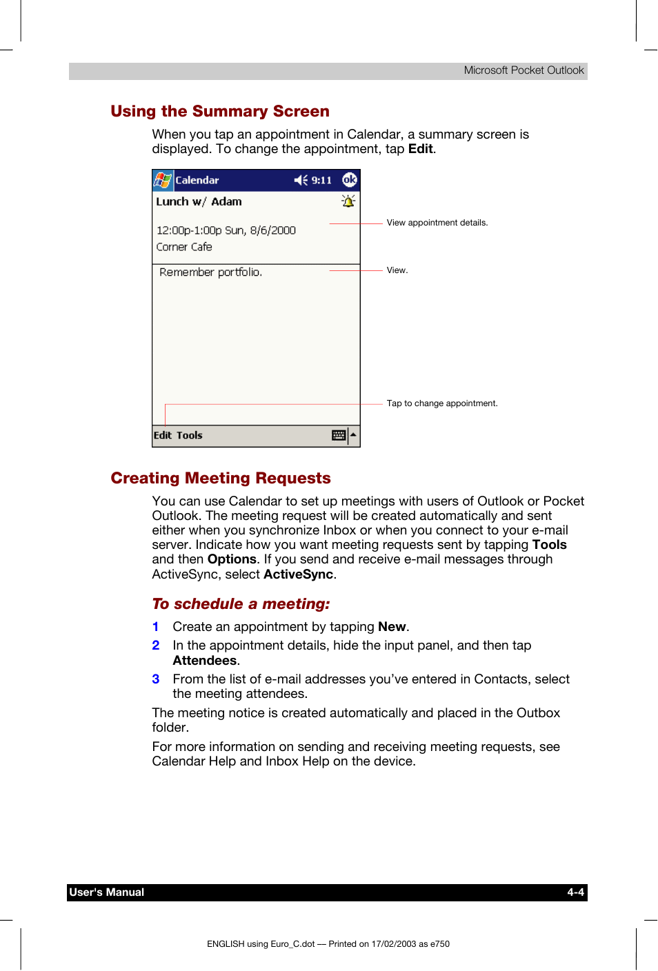 Using the summary screen, Creating meeting requests | Toshiba Pocket PC e750 User Manual | Page 70 / 177