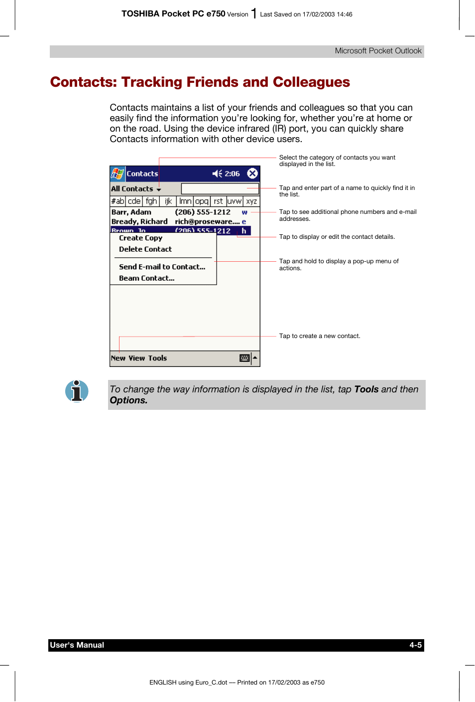 Contacts: tracking friends and colleagues | Toshiba Pocket PC e750 User Manual | Page 71 / 177