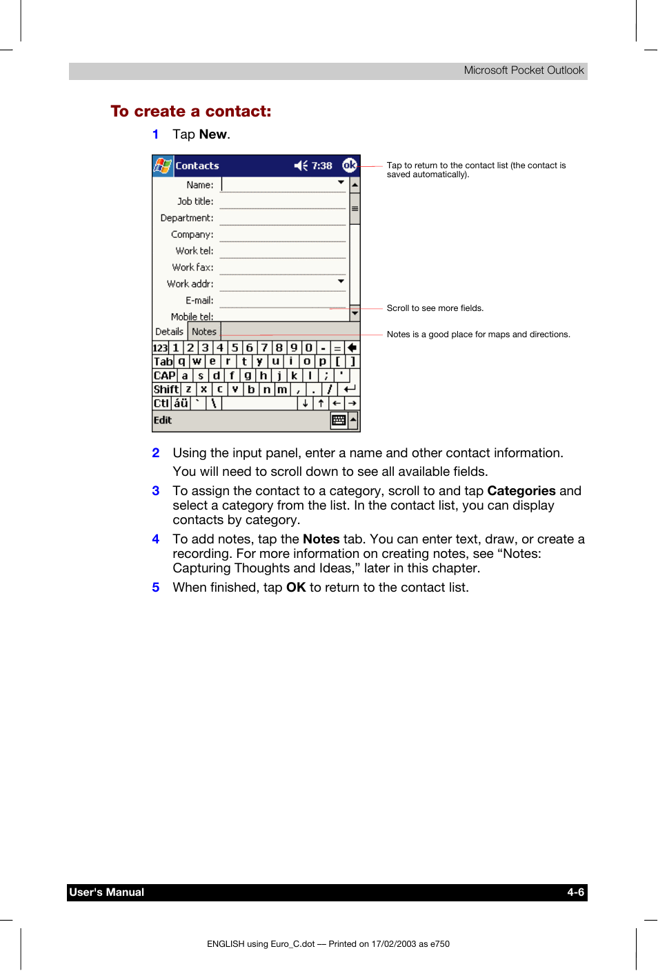 To create a contact | Toshiba Pocket PC e750 User Manual | Page 72 / 177