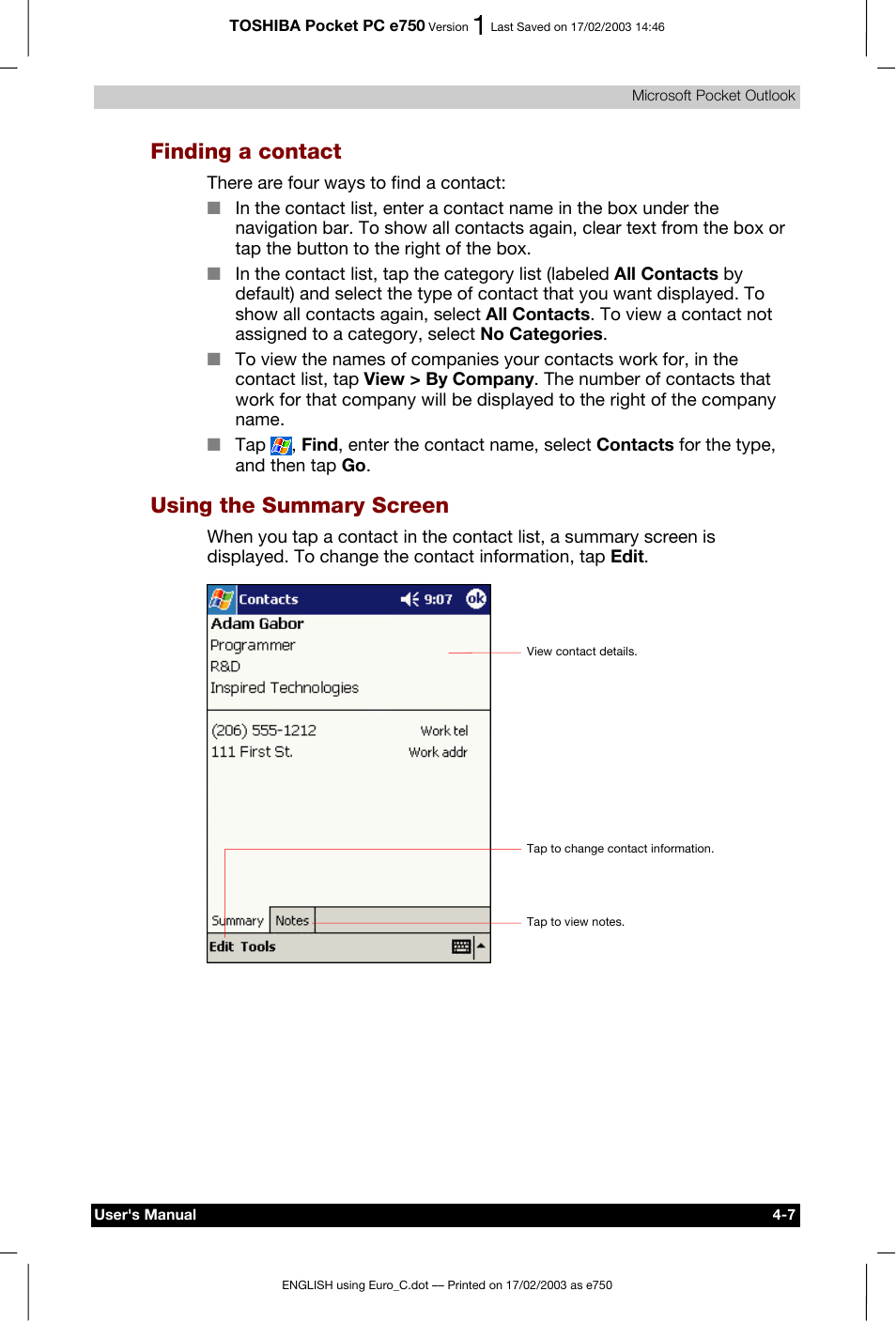 Finding a contact, Using the summary screen | Toshiba Pocket PC e750 User Manual | Page 73 / 177