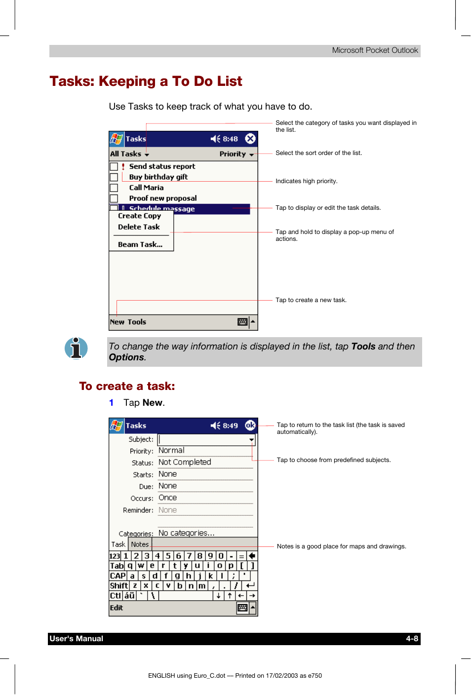 Tasks: keeping a to do list, To create a task | Toshiba Pocket PC e750 User Manual | Page 74 / 177