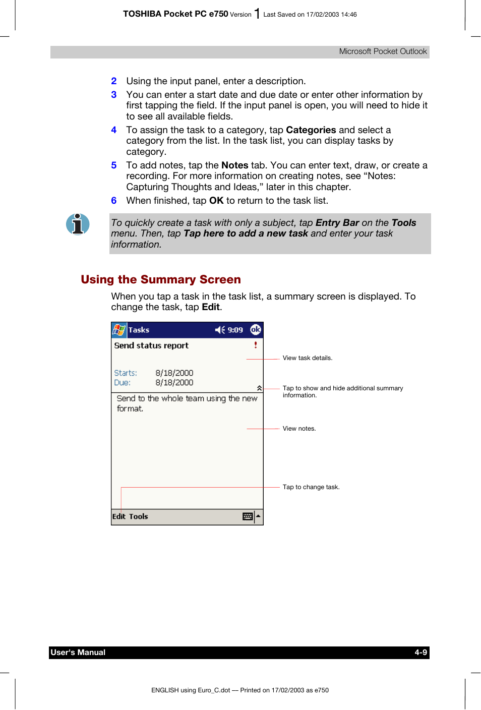 Using the summary screen | Toshiba Pocket PC e750 User Manual | Page 75 / 177