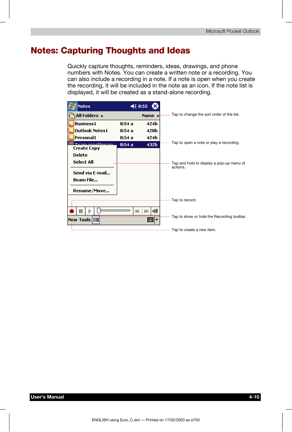 Notes: capturing thoughts and ideas | Toshiba Pocket PC e750 User Manual | Page 76 / 177