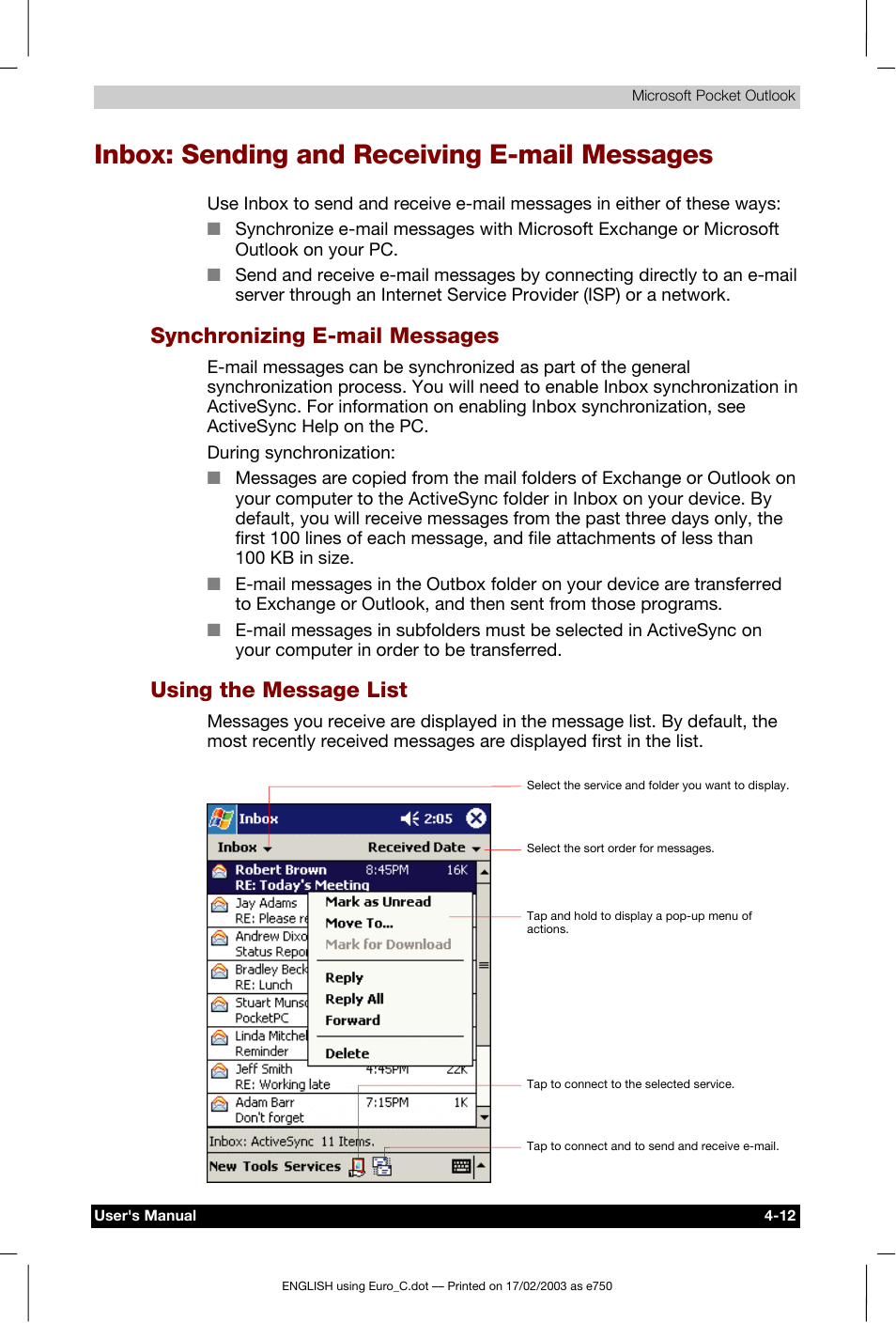 Inbox: sending and receiving e-mail messages, Synchronizing e-mail messages, Using the message list | Toshiba Pocket PC e750 User Manual | Page 78 / 177