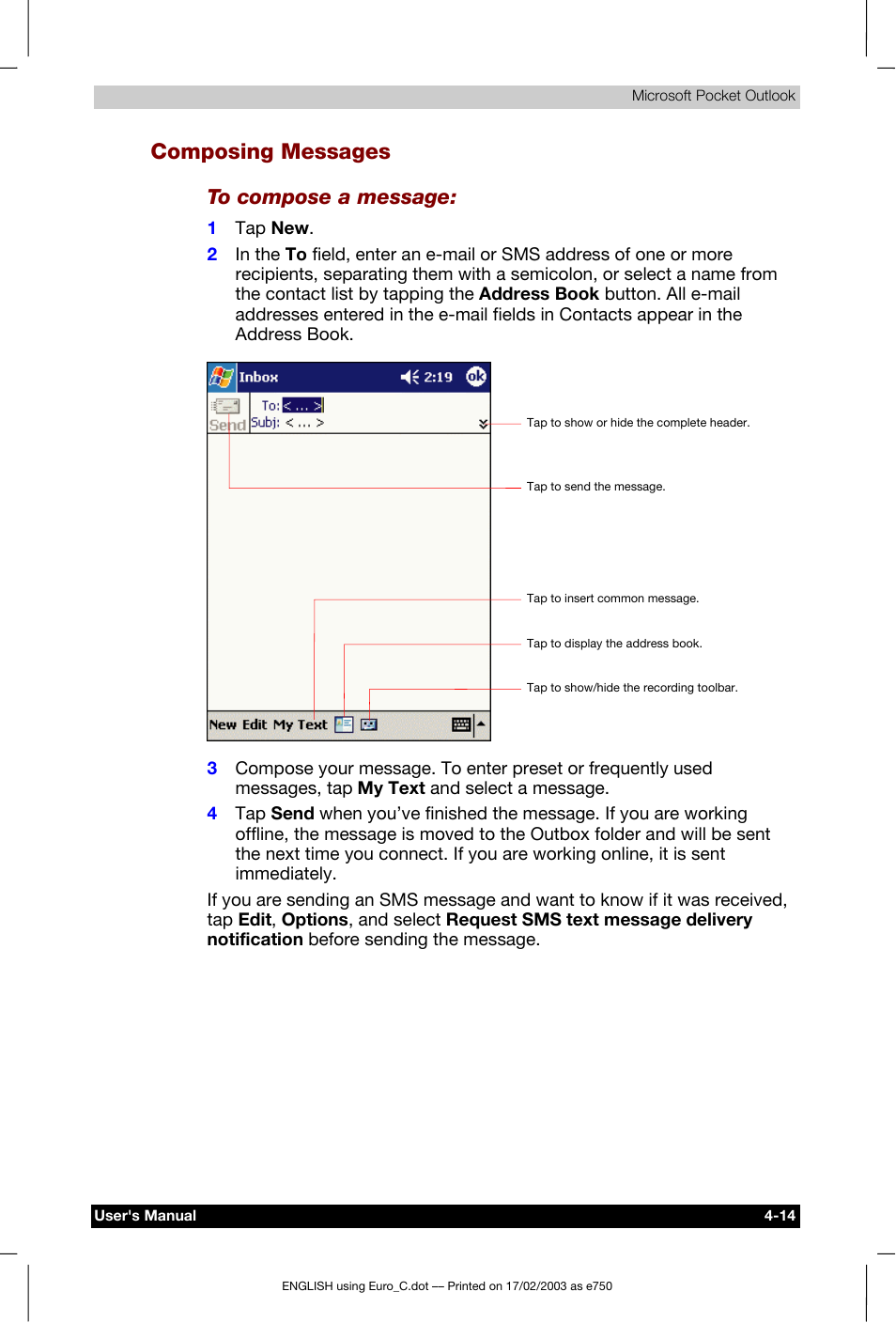 Composing messages | Toshiba Pocket PC e750 User Manual | Page 80 / 177