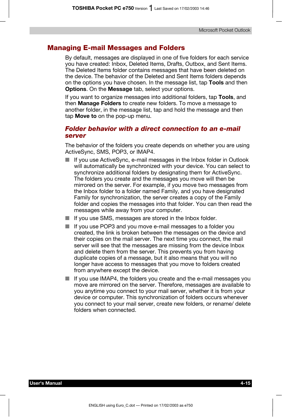 Managing e-mail messages and folders | Toshiba Pocket PC e750 User Manual | Page 81 / 177
