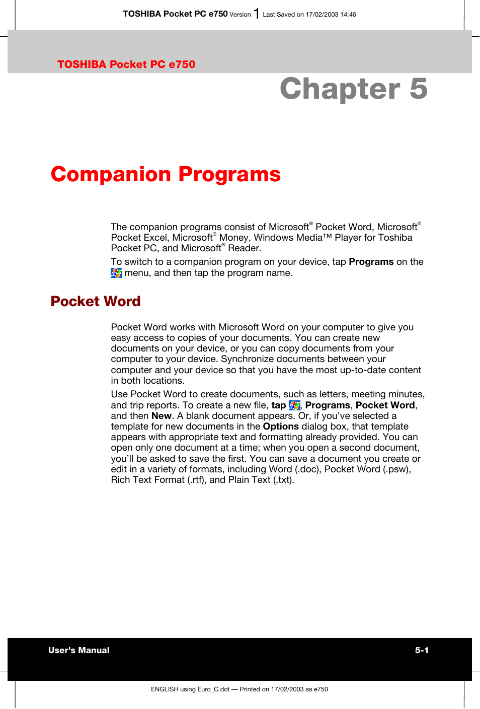 Chapter 5 companion programs, Pocket word, Chapter 5 | Companion programs | Toshiba Pocket PC e750 User Manual | Page 82 / 177