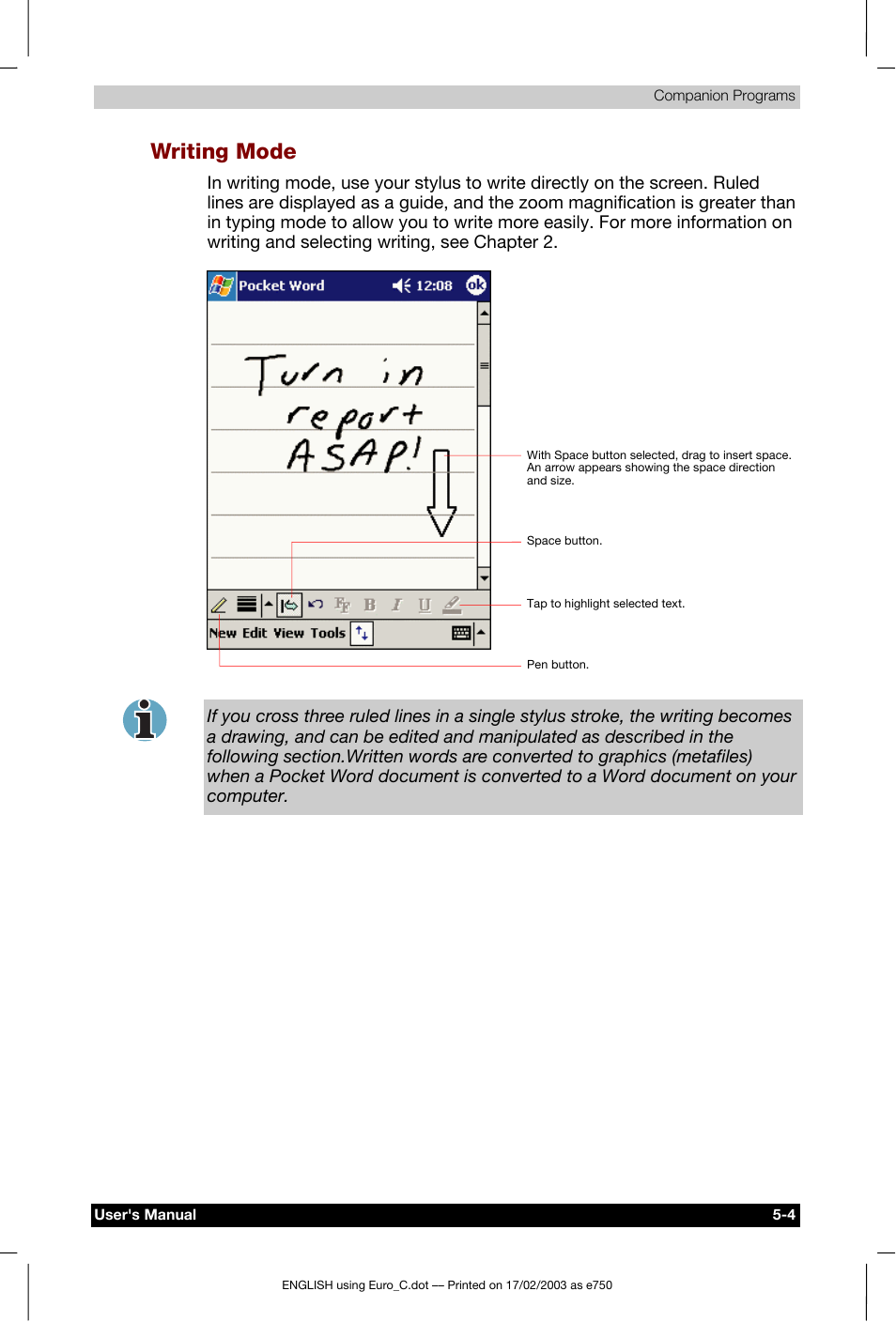 Writing mode | Toshiba Pocket PC e750 User Manual | Page 85 / 177