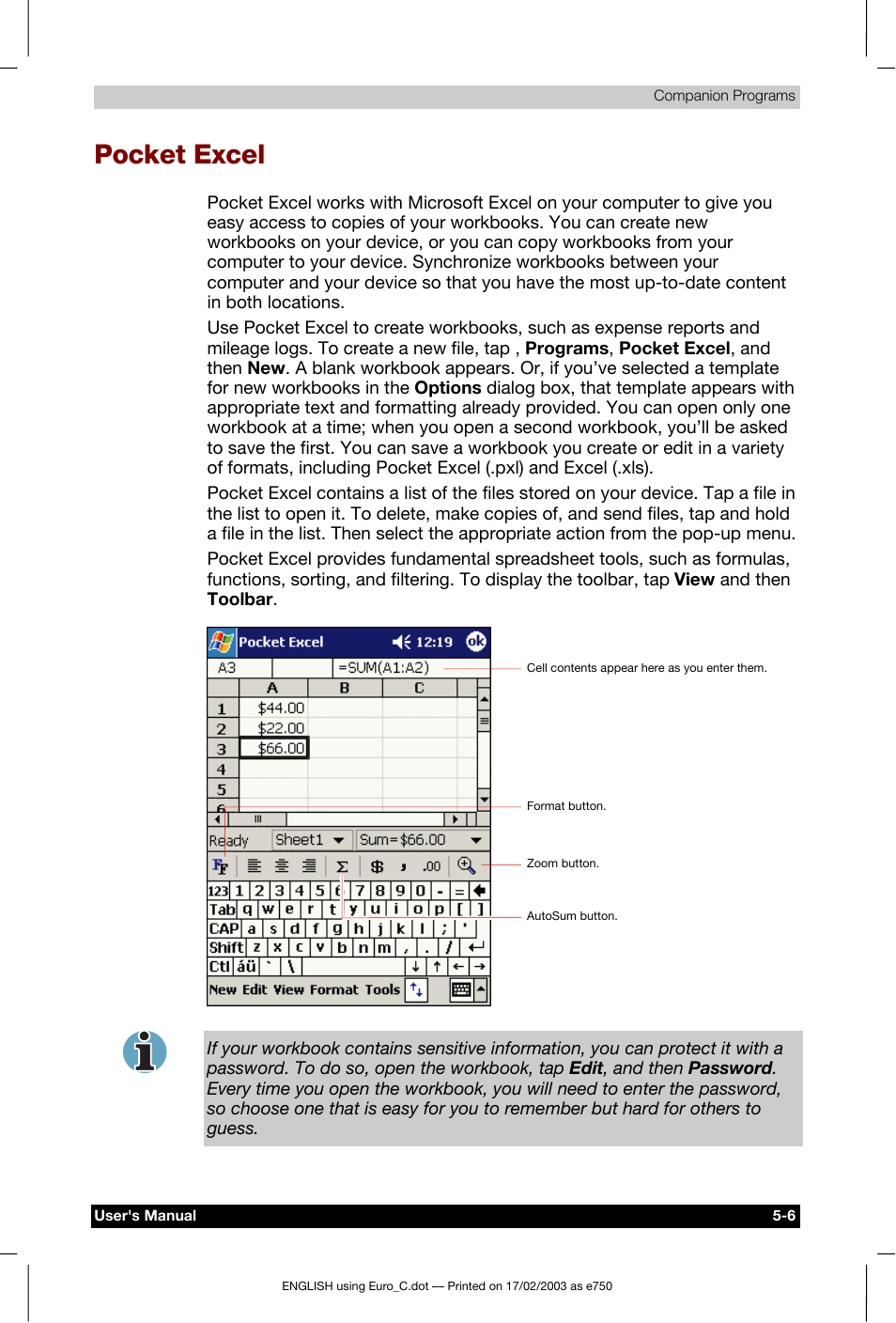 Pocket excel | Toshiba Pocket PC e750 User Manual | Page 87 / 177