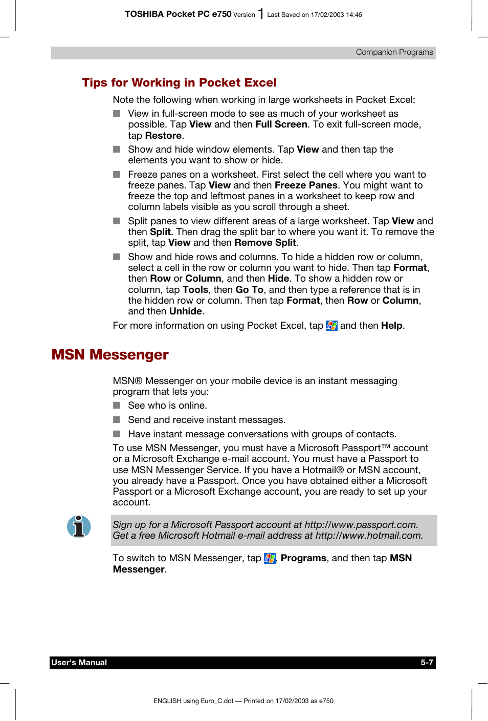 Tips for working in pocket excel, Msn messenger | Toshiba Pocket PC e750 User Manual | Page 88 / 177