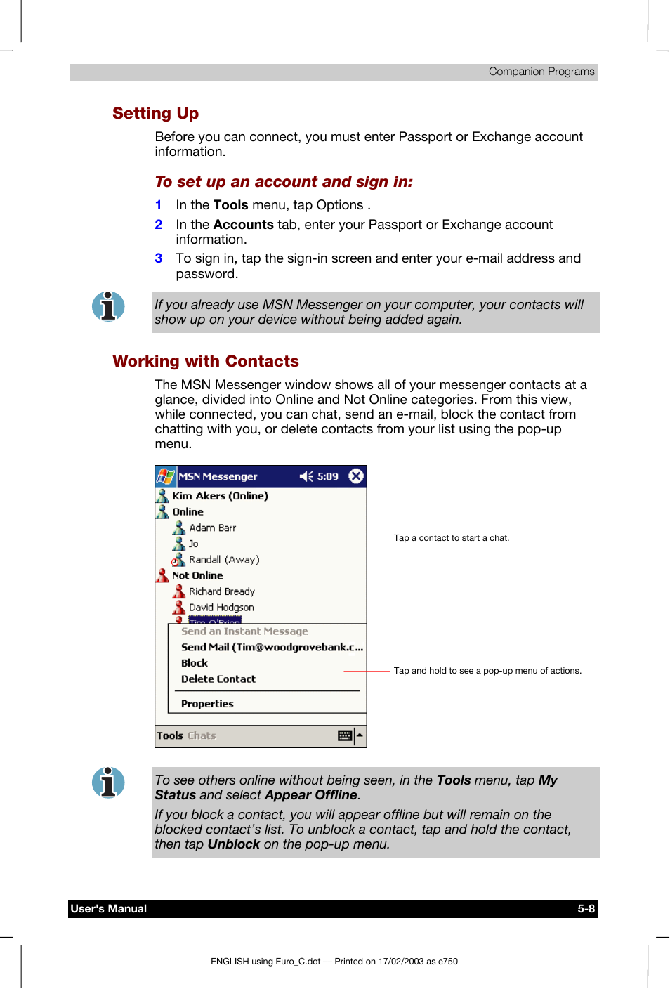 Setting up, Working with contacts | Toshiba Pocket PC e750 User Manual | Page 89 / 177