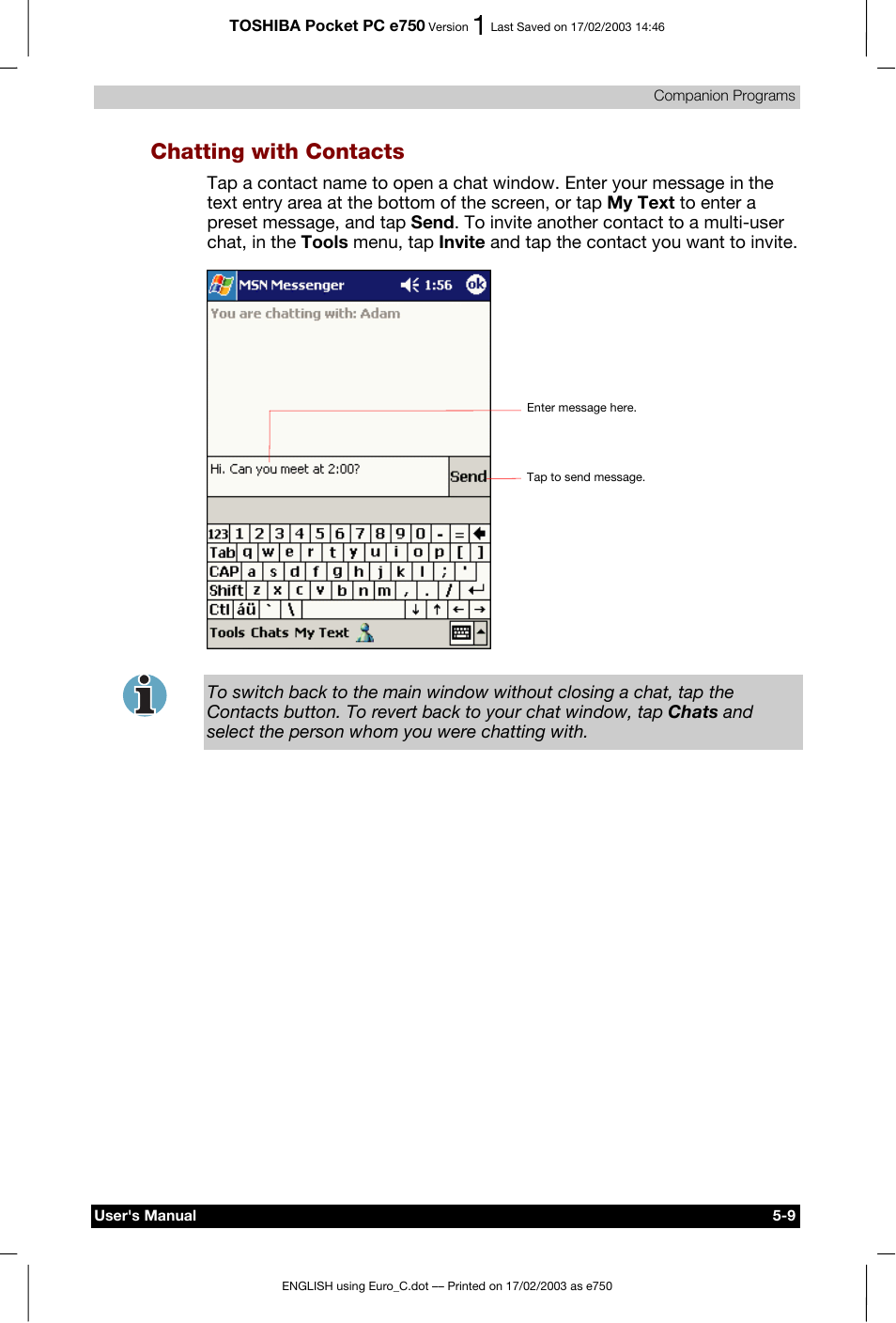 Chatting with contacts | Toshiba Pocket PC e750 User Manual | Page 90 / 177