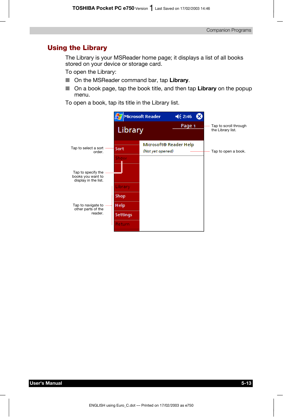 Using the library | Toshiba Pocket PC e750 User Manual | Page 94 / 177