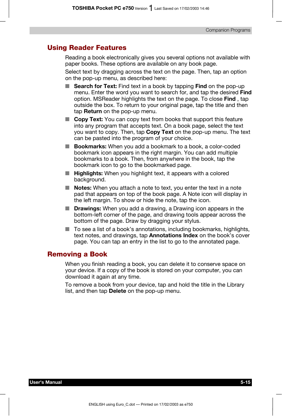 Using reader features, Removing a book | Toshiba Pocket PC e750 User Manual | Page 96 / 177