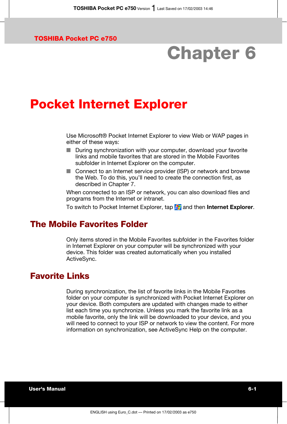 Chapter 6 pocket internet explorer, The mobile favorites folder, Favorite links | Chapter 6, Pocket internet explorer | Toshiba Pocket PC e750 User Manual | Page 97 / 177