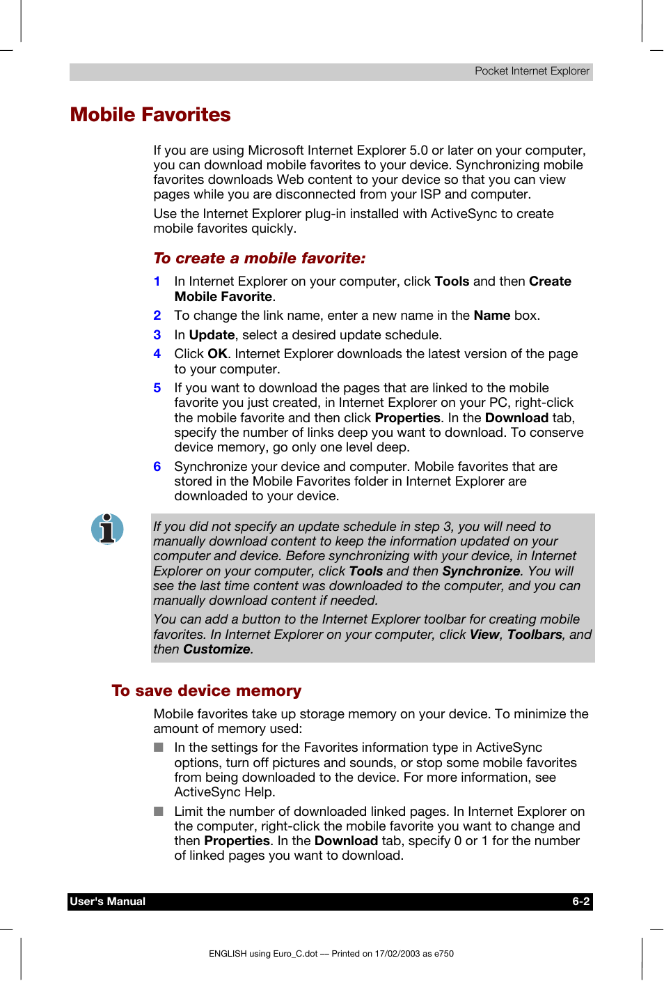 Mobile favorites, To save device memory | Toshiba Pocket PC e750 User Manual | Page 98 / 177