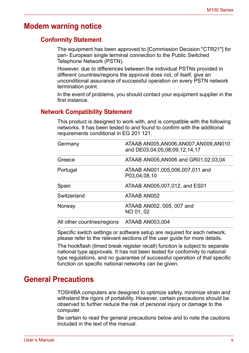 Modem warning notice, General precautions, Conformity statement | Network compatibility statement | Toshiba Satellite M100 (PSMA1) User Manual | Page 10 / 173