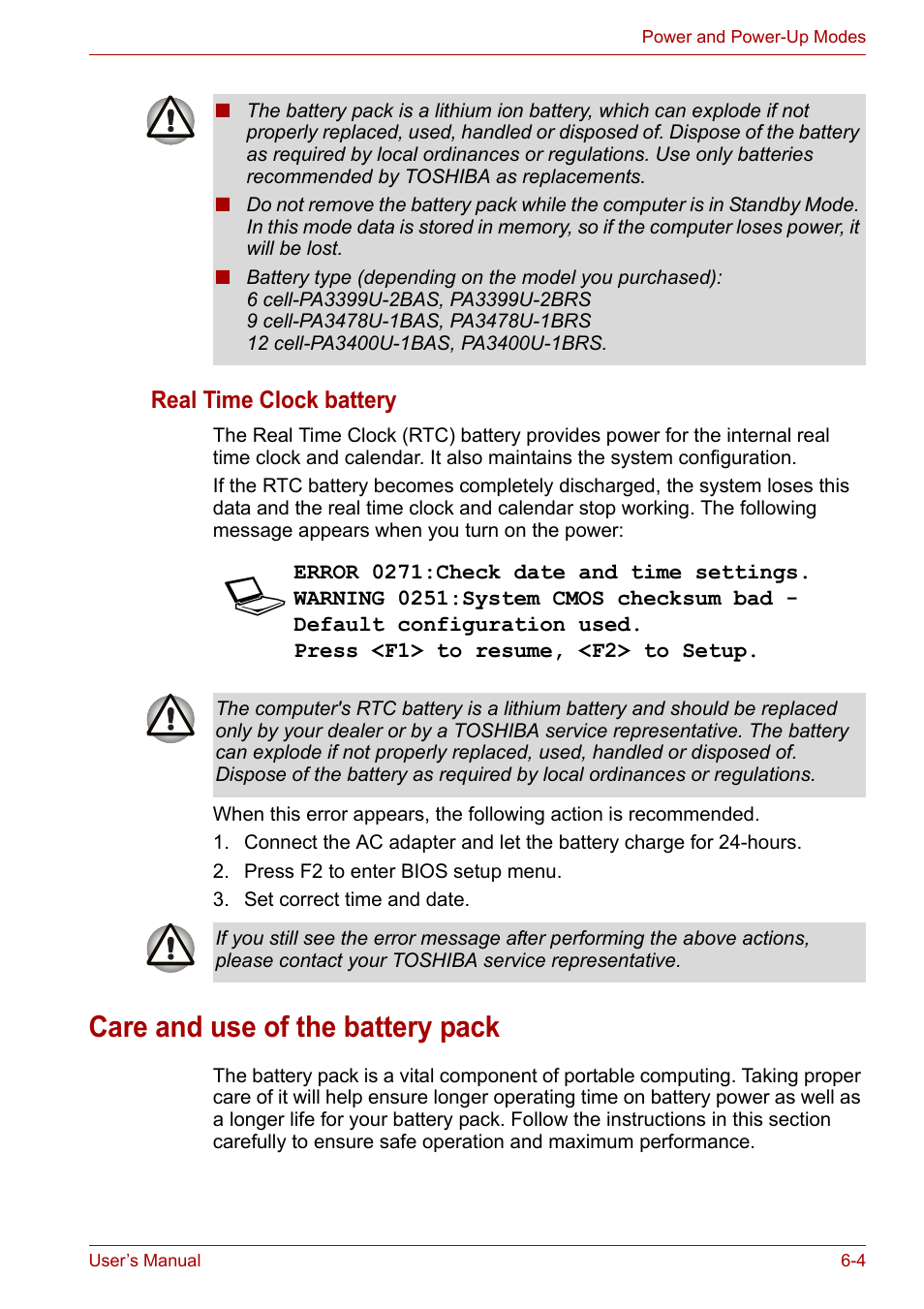 Care and use of the battery pack, Real time clock battery | Toshiba Satellite M100 (PSMA1) User Manual | Page 100 / 173