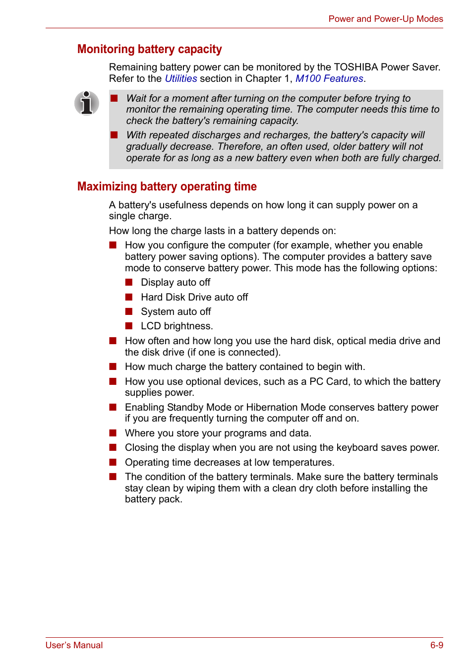 Monitoring battery capacity, Maximizing battery operating time | Toshiba Satellite M100 (PSMA1) User Manual | Page 105 / 173
